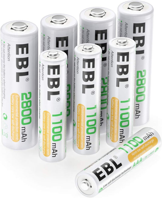 AA Rechargeable Batteries 2800Mah 4 Pack and AAA Rechargeable Batteries 1100Mah 4 Pack, 1.2V Ni-Mh AA AAA Batteries Combo